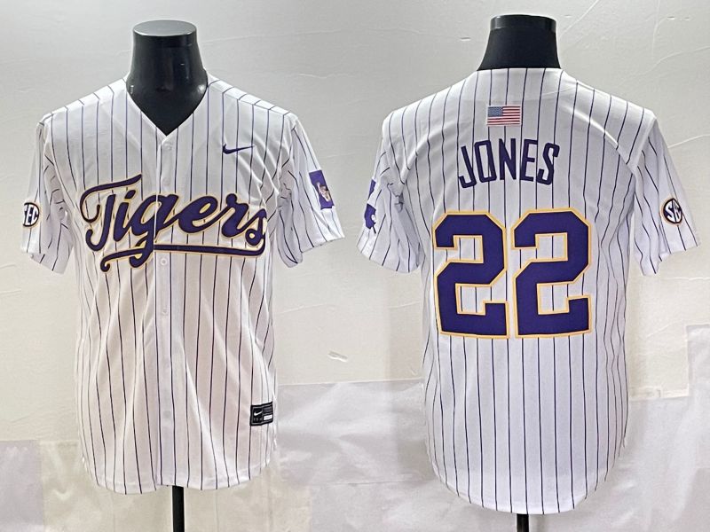 Men 2025 LSU Tigers #22 Jones White Stripe Nike Joint Name Nike NCAA Jersey style 1